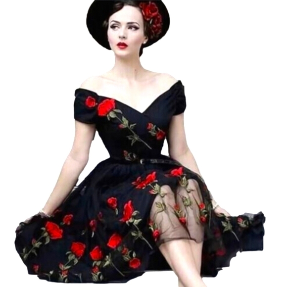 Sexy Off Shoulder Slash Neck Swing Dress Mesh Hem Lace Embroidered Red Rose - Picture 1 of 15